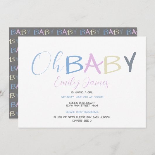 おもしろいベビー文字手描きフォント赤ちゃんシャワー 招待状 (正面/裏面)