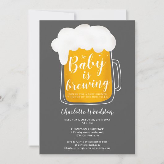 おもしろいベビー醸造用ビールパイントダークグレーベビーシャワー 招待状 (正面)