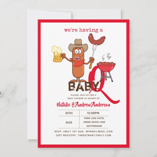 おもしろいベビー-Q BBQソーセージボーイモダンガール 招待状 (正面)