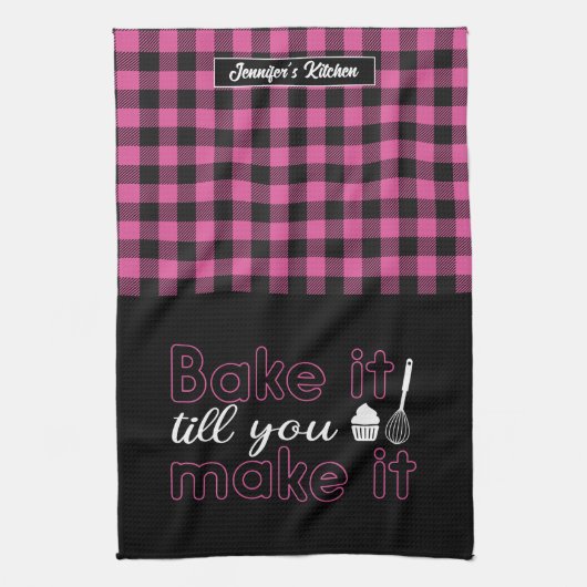 おもしろいベーキングはピンクプレイドになるまで焼く キッチンタオル (縦)