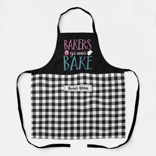 おもしろいベーキングベーカーズベイクオンズ白黒プレイド エプロン (正面)