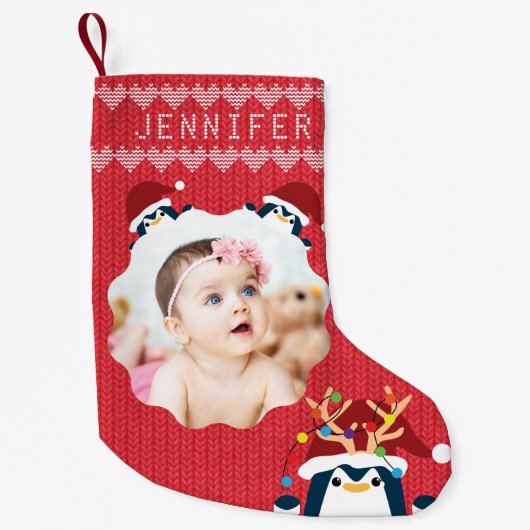 おもしろいペンギンあなたの写真名かわいいベビー幼児レッド スモールクリスマスストッキング (正面)