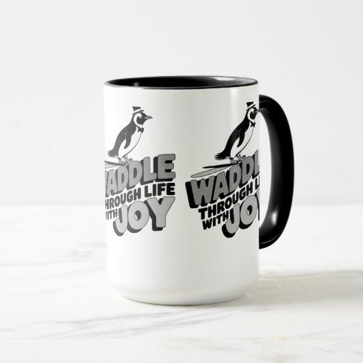おもしろいペンギンが人生を歩き回る喜びのデザイン マグカップ (正面右)