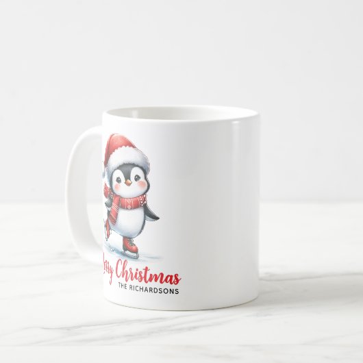 おもしろいペンギンアイススケーターホワイトレッドメリークリスマス コーヒーマグカップ (正面左)