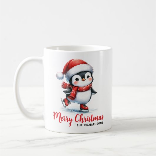 おもしろいペンギンアイススケーターホワイトレッドメリークリスマス コーヒーマグカップ (左)