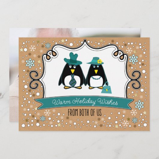 おもしろいペンギンカップルのクリスマスフォトカード シーズンカード (正面/裏面)