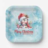 おもしろいペンギンブルーと赤メリークリスマス ペーパープレート (正面)