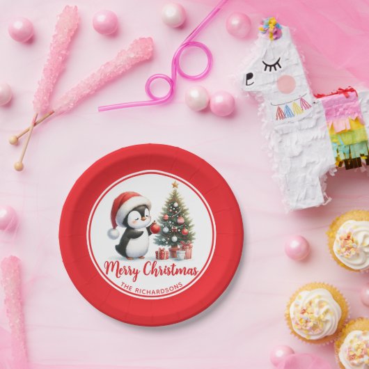 おもしろいペンギンレッドホワイトカスタムクリスマスメリークリスマス ペーパープレート (パーティー)