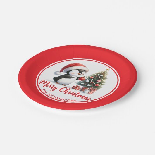 おもしろいペンギンレッドホワイトカスタムクリスマスメリークリスマス ペーパープレート (アングル)