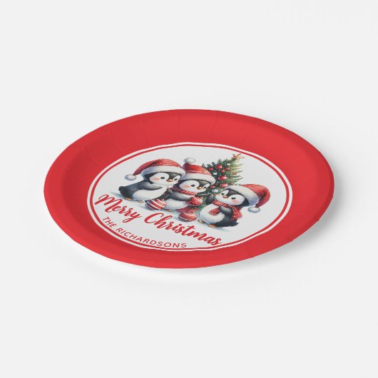 おもしろいペンギン白赤メリークリスマス ペーパープレート (アングル)