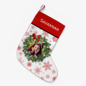 おもしろいホリデーリースフォトフレームレッドスノーフレーク スモールクリスマスストッキング (正面 (吊り時))