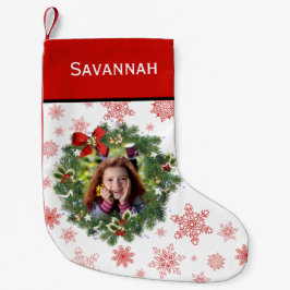 おもしろいホリデーリースフォトフレームレッドスノーフレーク スモールクリスマスストッキング