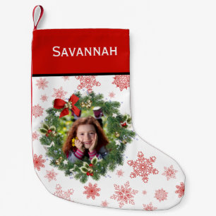 おもしろいホリデーリースフォトフレームレッドスノーフレーク スモールクリスマスストッキング