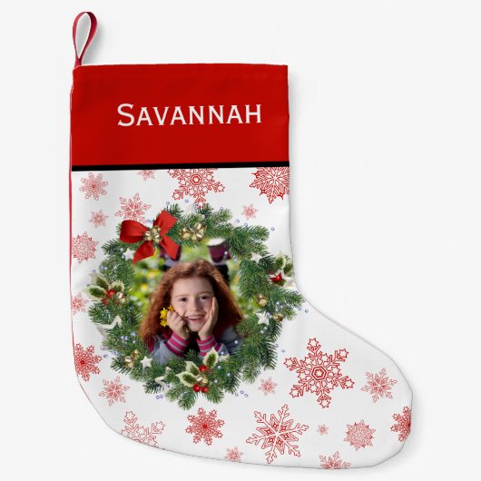 おもしろいホリデーリースフォトフレームレッドスノーフレーク スモールクリスマスストッキング (正面)