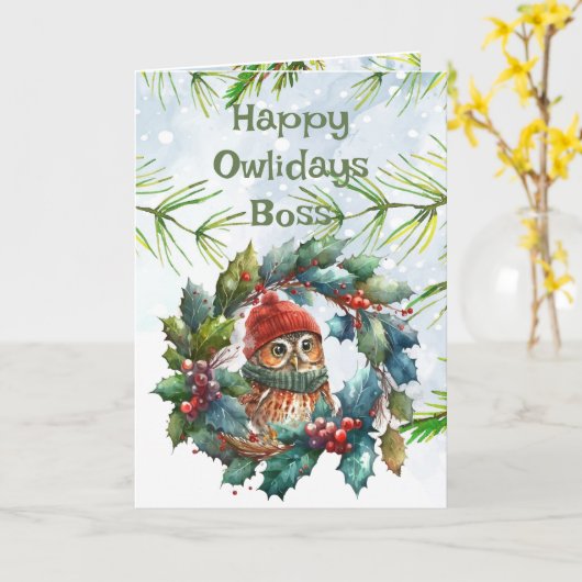 おもしろいボスクリスマスフクロウ動物野生動物自然 カード (黄色い花)