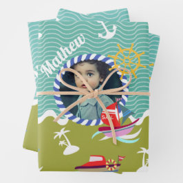 おもしろいボート写真アクアグリーンラッピング紙シート ラッピングペーパーシート