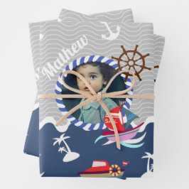 おもしろいボート写真グレーブルー ラッピングペーパーシート