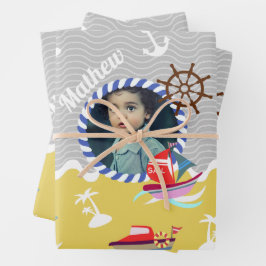 おもしろいボート写真グレー黄色 ラッピングペーパーシート