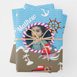 おもしろいボート写真ブラウンブルーラッピング紙シート ラッピングペーパーシート