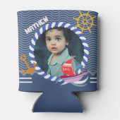 おもしろいボート写真ブルー 缶クーラー (裏面)