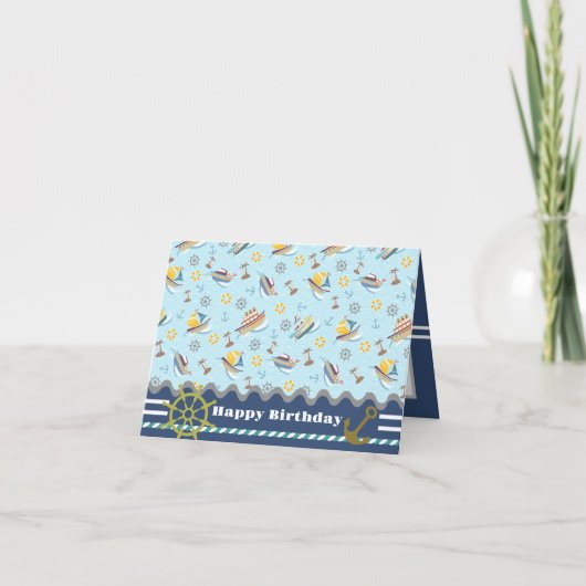 おもしろいボート青。誕生日カード サンキューカード (正面)