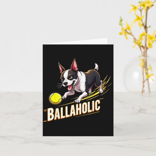 おもしろいボール中毒のボストンテリア犬がボスティーを追いかける カード (黄色い花)