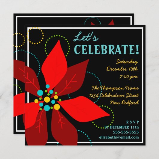 おもしろいポインセティアレトロホリデーパーティ招待状 招待状 (正面/裏面)