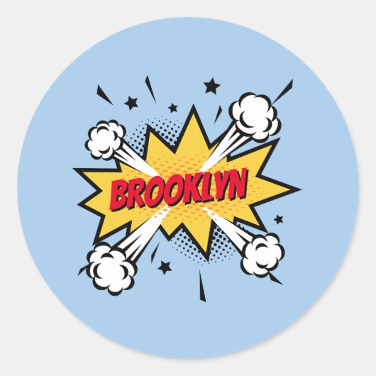 おもしろいポップ・アートのアート漫画ブックスタイル吹き出しロゴ ラウンドシール (正面)