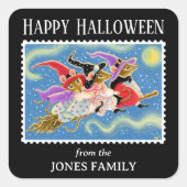 おもしろいマウスbroomstickネズミウィッチハロウィーン スクエアシール (正面)