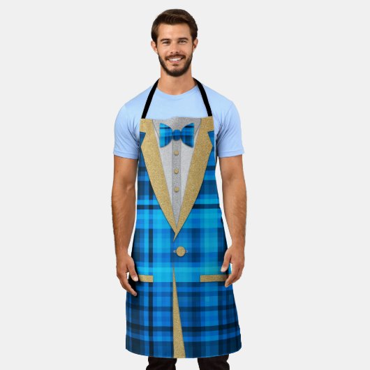 おもしろいマドラス金ゴールドグリッタートゥキセドブルーボウタイ エプロン (着用した状態)