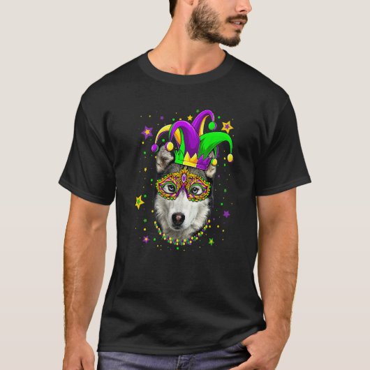 おもしろいマルディ・グラ シベリアンハスキー 犬 ビーズ マスク マルディ・グラ Tシャツ (正面)