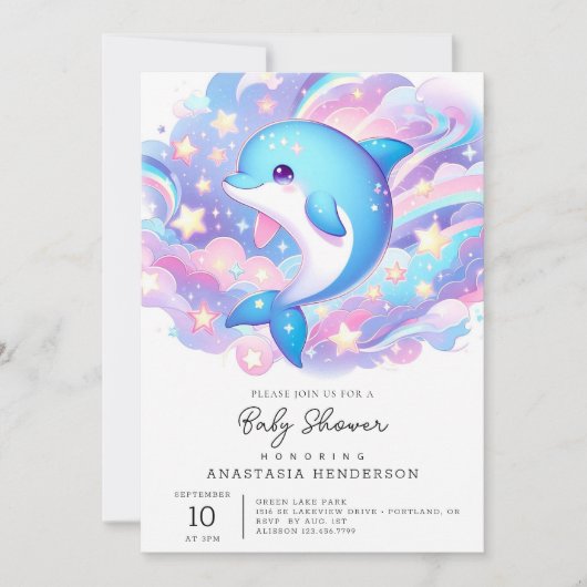 おもしろいマンガのイルカの赤ちゃんシャワー 招待状 (正面)