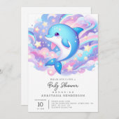 おもしろいマンガのイルカの赤ちゃんシャワー 招待状 (正面/裏面)