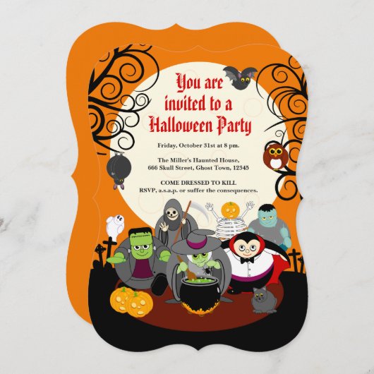 おもしろいマンガのハロウィーンの化け物の衣装パーティーグループ 招待状 (正面/裏面)