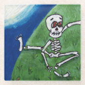 おもしろいマンガ踊りスケルトンin草霞んだ月 ガラスコースター (正面)