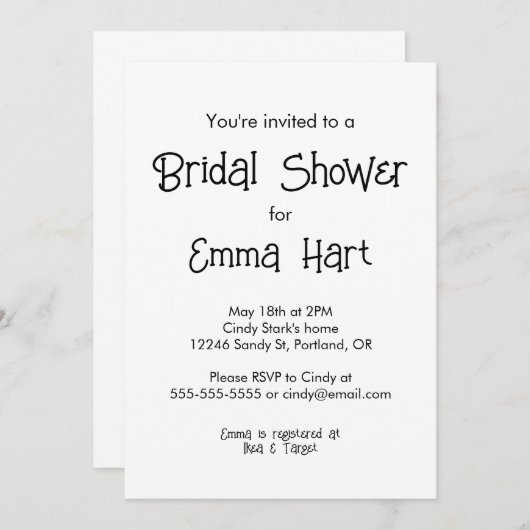 おもしろいミニマリストのブライダルシャワー招待 招待状 (正面/裏面)