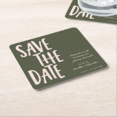 おもしろいミニマリストグリーンピンクウェディング日付を保存 スクエアペーパーコースター (アングル)