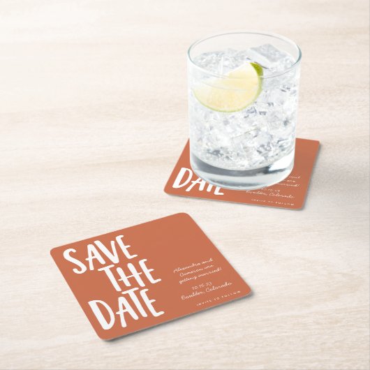 おもしろいミニマリストテラコッタウェディング日付を保存 スクエアペーパーコースター (インサイチュ)