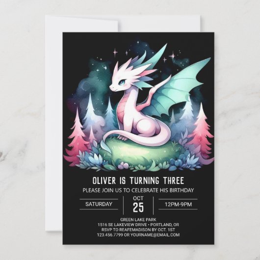 おもしろいミニマリストドラゴン誕生日 招待状 (正面)