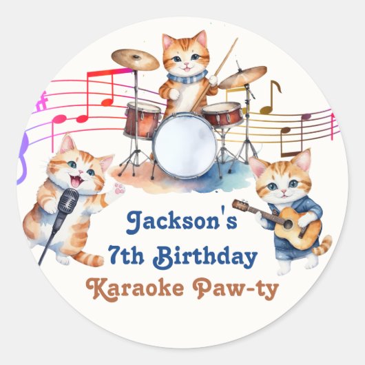 おもしろいミュージカル猫カラオケ子供の誕生日パーティー ラウンドシール (正面)