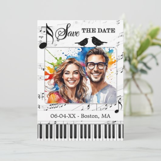 おもしろいミュージックブラックとホワイトの写真Save the Date 案内状 (スタンド正面)