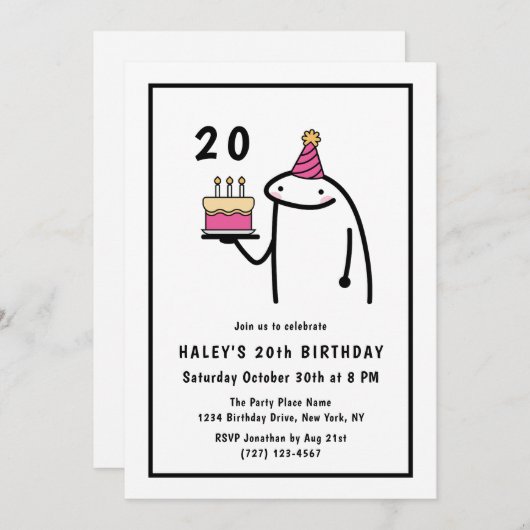 おもしろいミームシンプルブラック&ホワイト20誕生日 招待状 (正面/裏面)