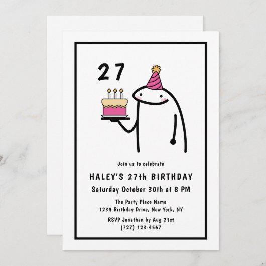 おもしろいミームシンプルブラック&ホワイト27誕生日 招待状 (正面/裏面)