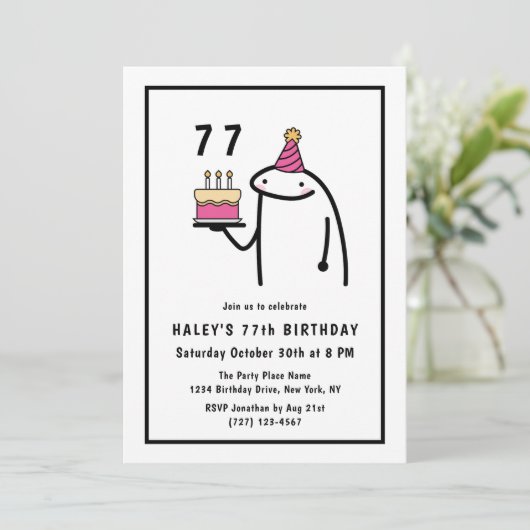 おもしろいミームシンプルブラック&ホワイト77誕生日 招待状 (スタンド正面)