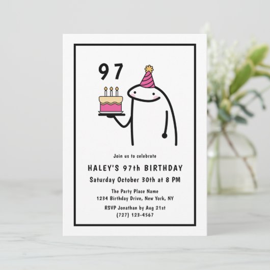 おもしろいミームシンプルブラック&ホワイト97誕生日 招待状 (スタンド正面)