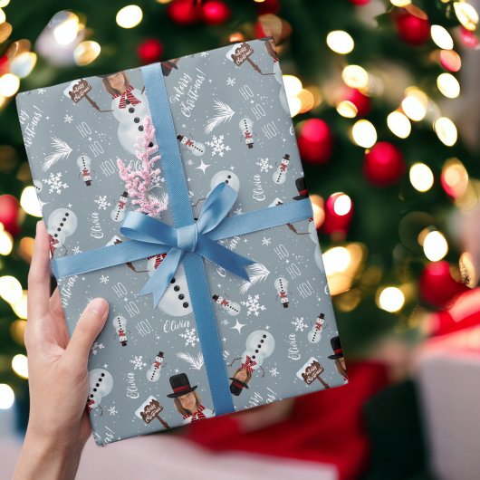 おもしろいメリークリスマスイラストレーション写真雪だるま ラッピングペーパー