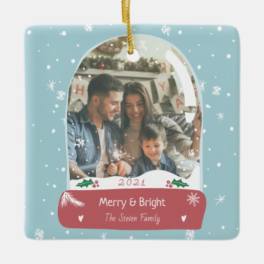 おもしろいメリークリスマス写真スノーグローブイラストレーション セラミックオーナメント (正面)