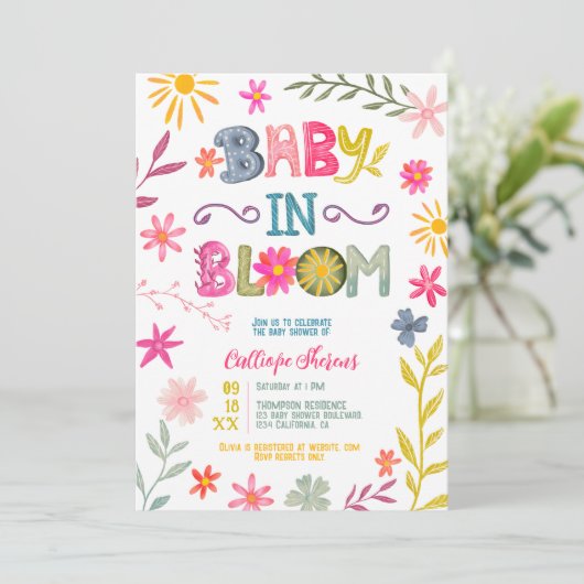 おもしろいモダンお洒落シャワーフローラベビー開花 招待状 (スタンド正面)