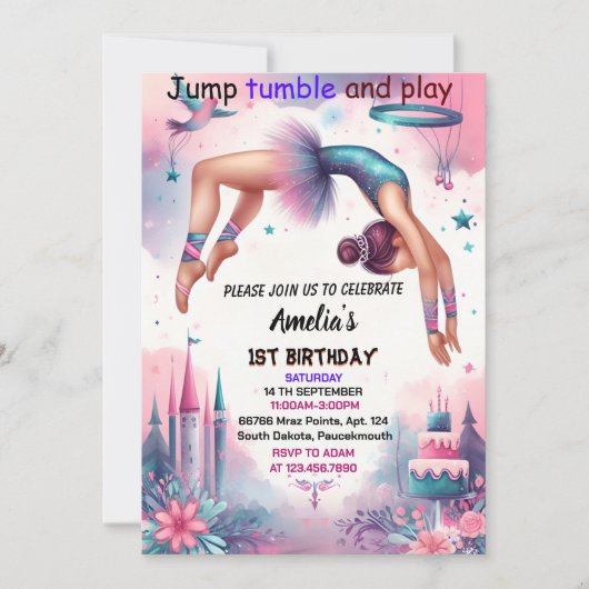 おもしろいモダンかわいいピンクの女の子体操10歳の誕生日 招待状 (正面)