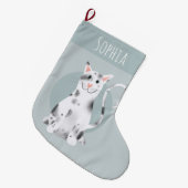 おもしろいモダンかわいい黒猫マンガの子ども ラージクリスマスストッキング (正面 (吊り時))